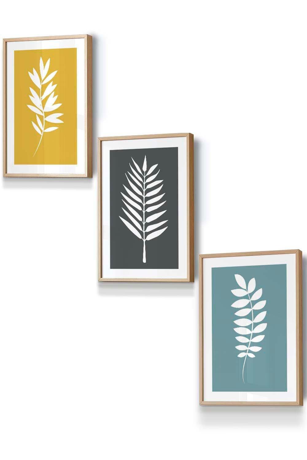 Framed Yellow, Grey, Blue Graphical Leaves Framed Wall Art - Small